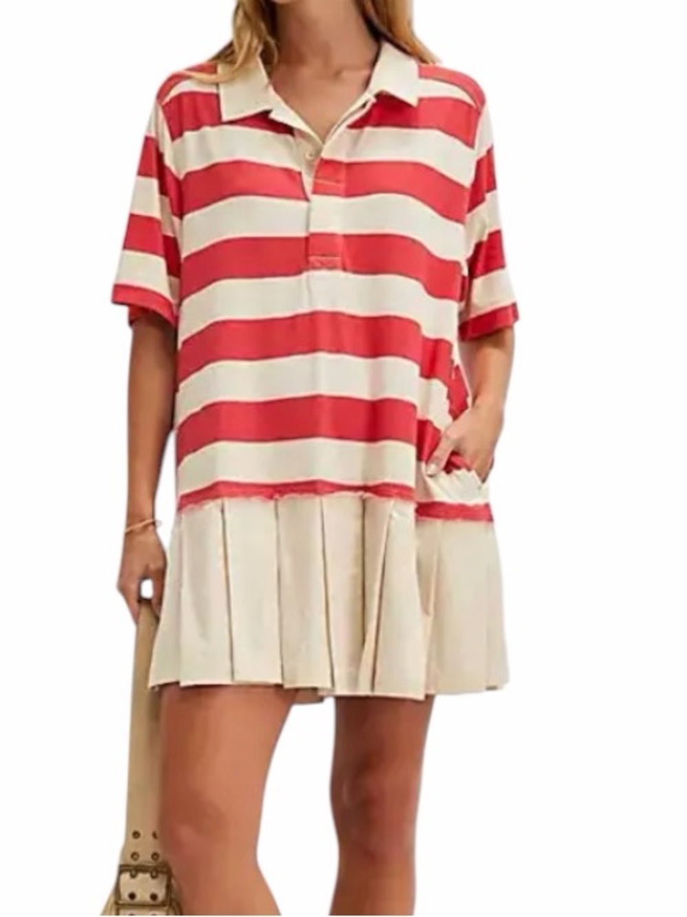 Free People Lucas Mini Dress in a sporty rugby-design Coral, Cream, pleated